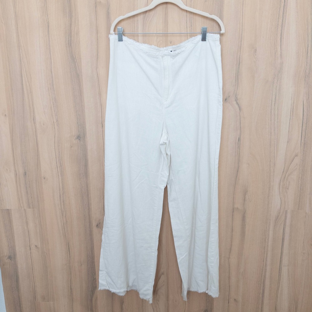Womens Linen Blend Pants 12 Wide Leg Raw Hem Fringe Coastal‎ Beach Summer Casual